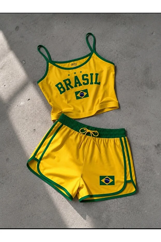 Kadın Brasil Baskılı Askılı Crop Top Ve Şortlu İkili Takım
